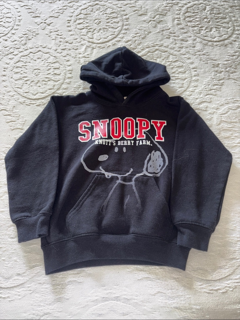 Peanuts Unisex Black Kids Hoodie with Red Snoopy Knotts Berry Farm EUC XS
